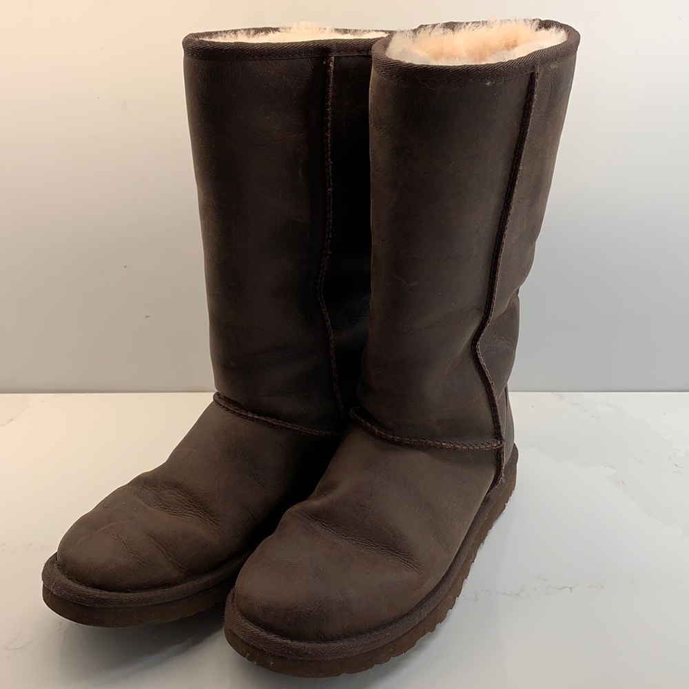 Ugg boot- classic tall, dark brown, leather exterior, size 8